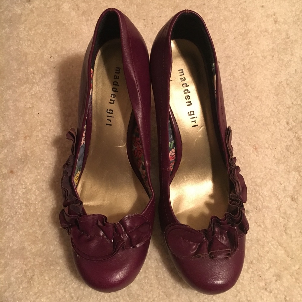 Madden Girl eggplant ruffle heel